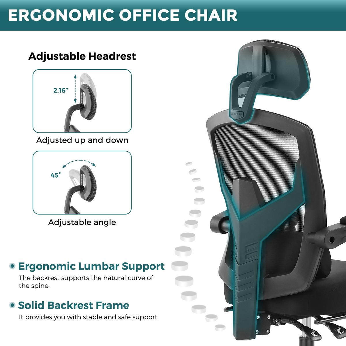 Ergonomic Office Chair with Foot Rest & Adjustable Headrest – Mesh Swivel Task Chair, Height Adjustable