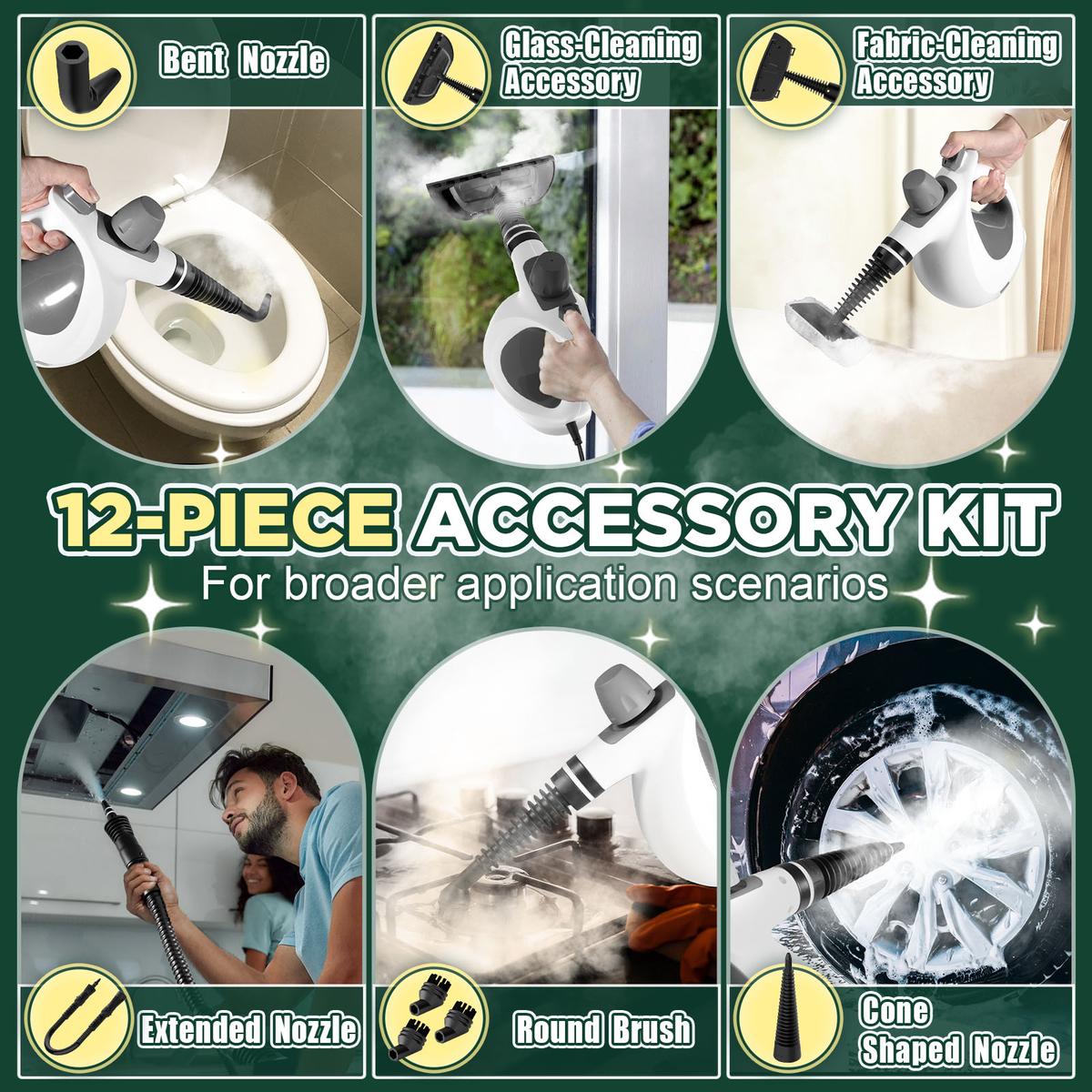 Phueut Pressurized Handheld Steam Cleaner – Multi-Surface, 12-Piece Accessory Kit for Home, Kitchen & Car