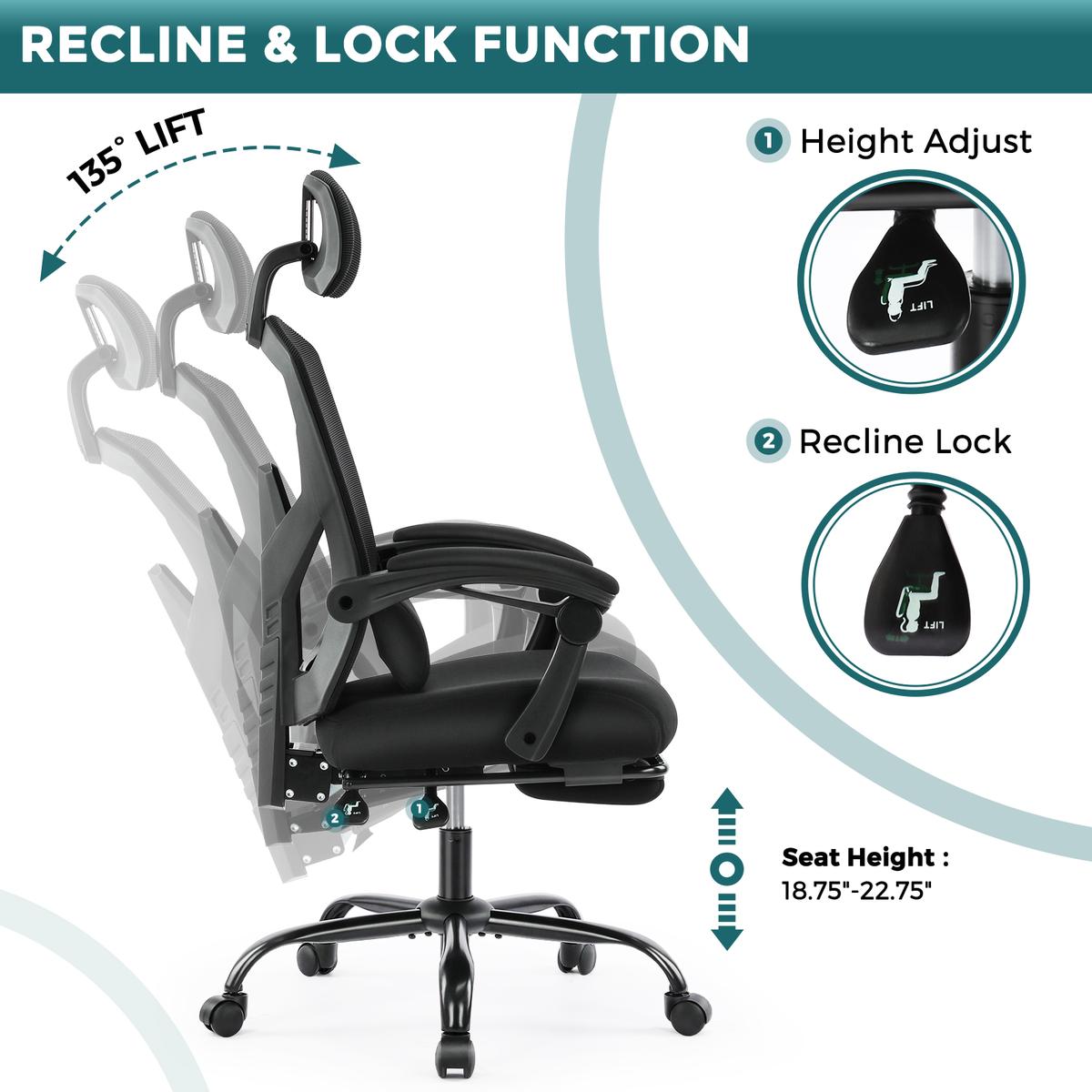 Ergonomic Office Chair with Foot Rest & Adjustable Headrest – Mesh Swivel Task Chair, Height Adjustable