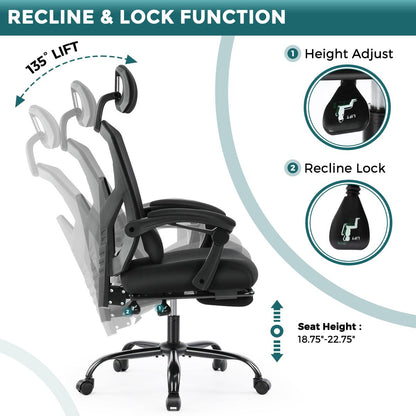 Ergonomic Office Chair with Foot Rest & Adjustable Headrest – Mesh Swivel Task Chair, Height Adjustable
