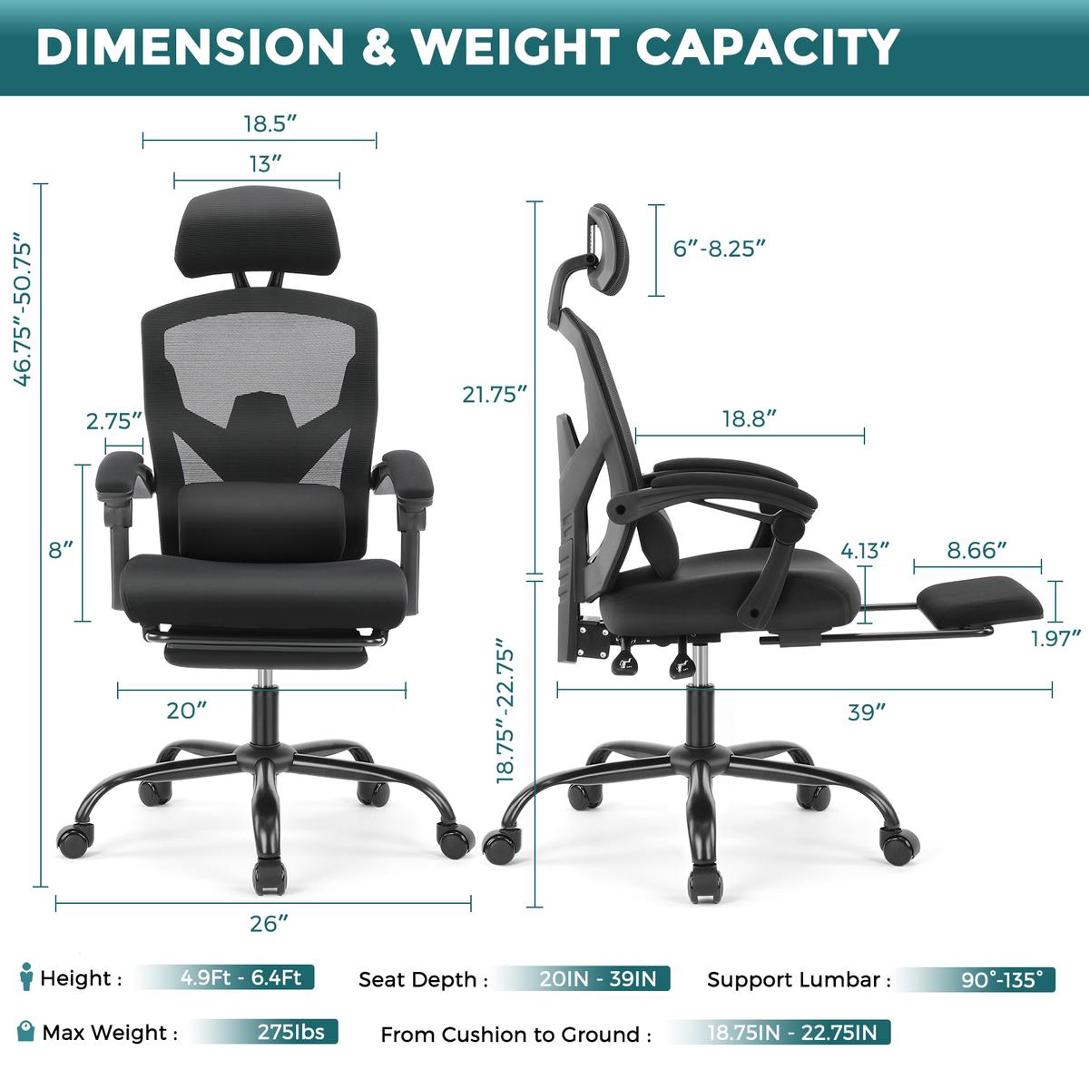 Ergonomic Office Chair with Foot Rest & Adjustable Headrest – Mesh Swivel Task Chair, Height Adjustable