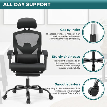 Ergonomic Office Chair with Foot Rest & Adjustable Headrest – Mesh Swivel Task Chair, Height Adjustable