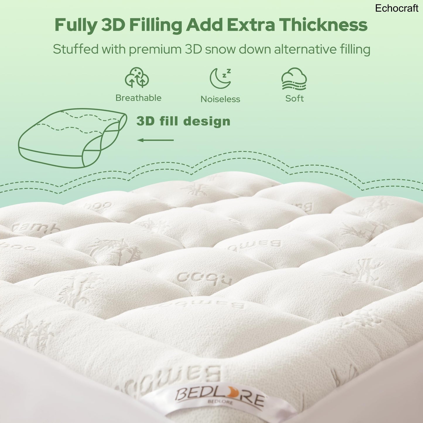 Bamboo Viscose Mattress Topper, Fits 6-18" Beds