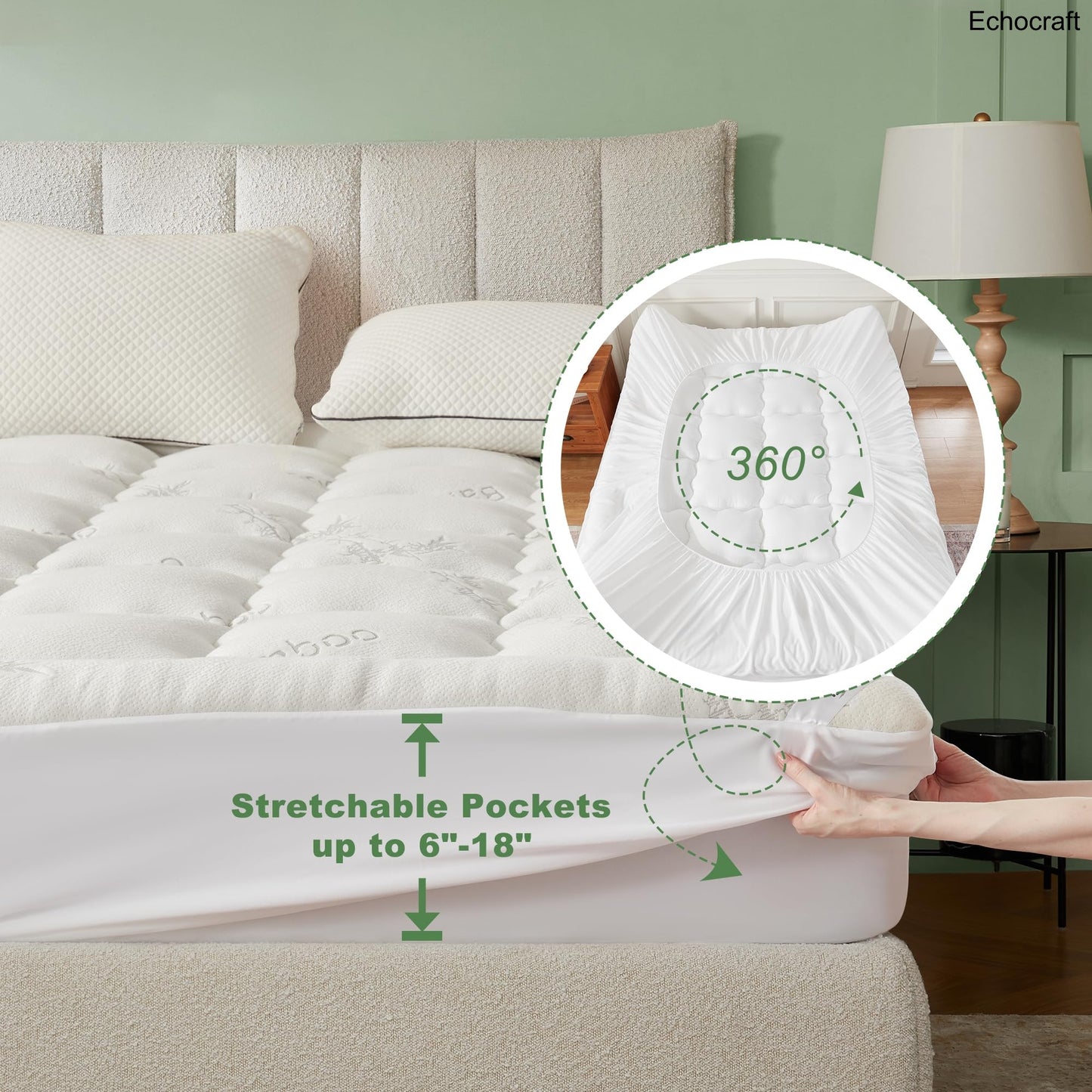 Bamboo Viscose Mattress Topper, Fits 6-18" Beds